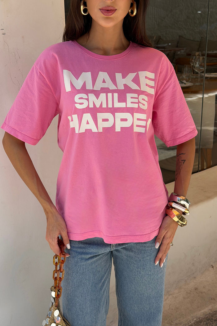 T-SHIRT ESTONADA MAKE SMILES ROSA CHICLETE