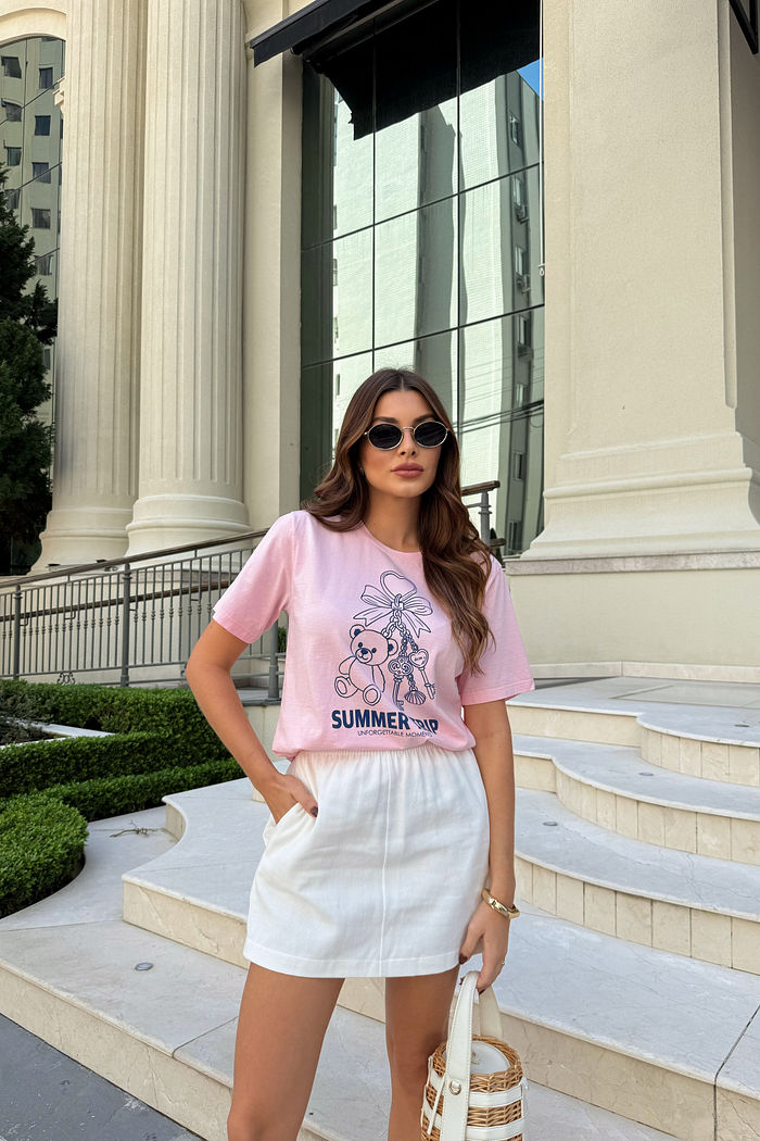 T-SHIRT ESTONADA CHAVEIRO SUMMER TRIP ROSA CANDY