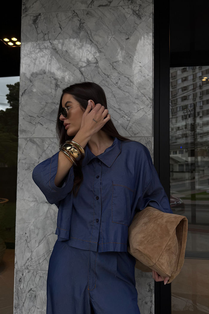 CAMISA OVER CROPPED POSITANO AZUL JEANS