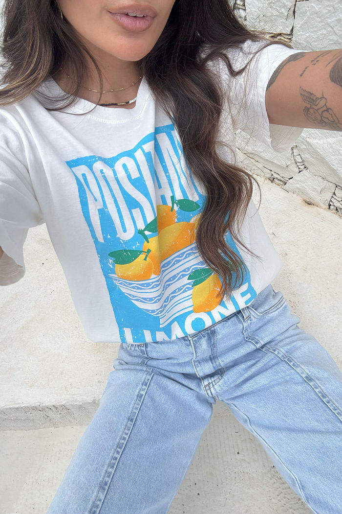 T-SHIRT ESTONADA POSITANO LIMONE ESTAMPA AZUL OFF WHITE