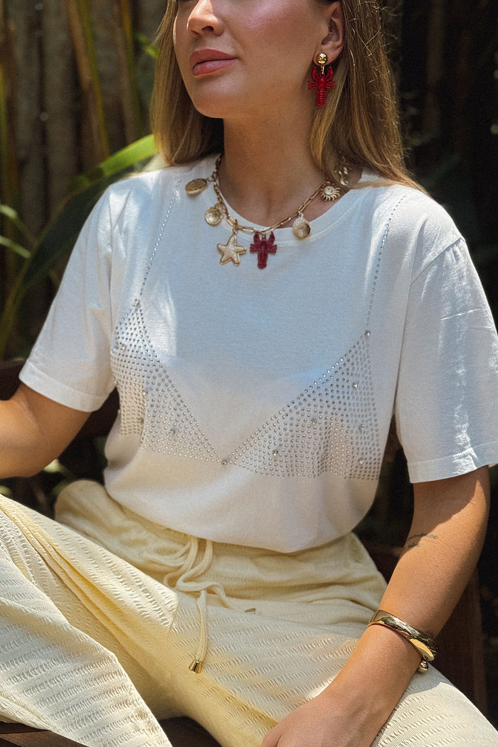 T-SHIRT ESTONADA TOP PEDRAS (COM APLICAÇÃO) OFF WHITE