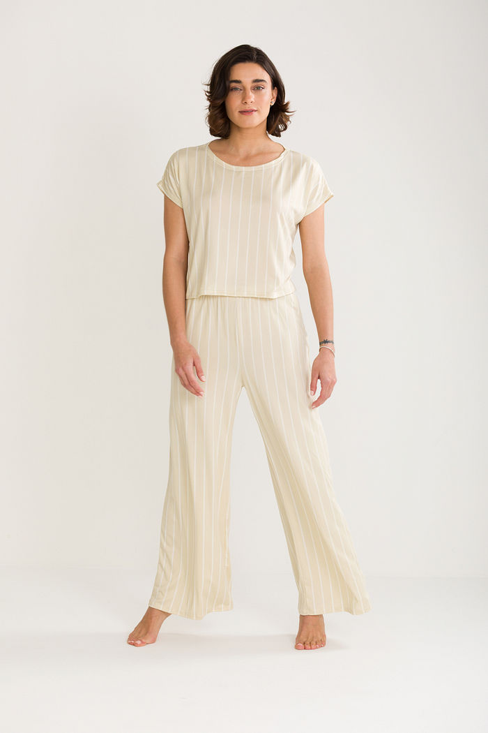 CONJUNTO FEMININO BLUSA AMPLA E CALÇA WIDE LISTRA CREME