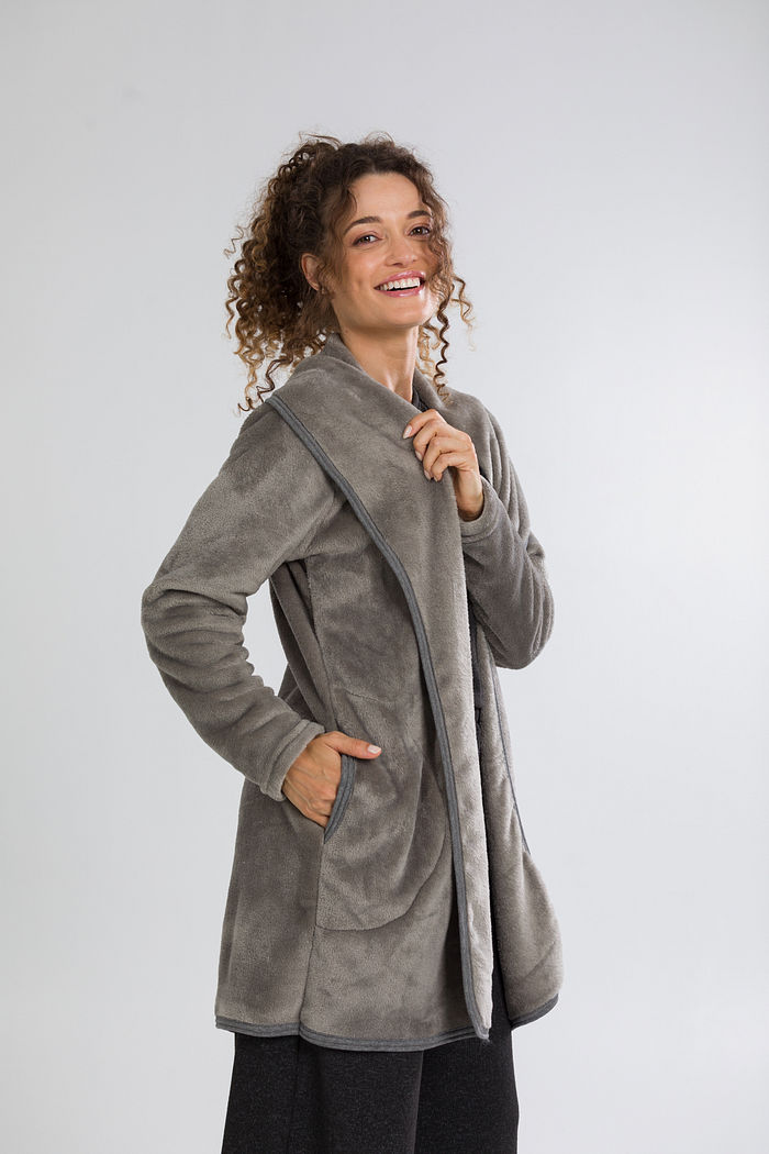CASACO FEMININO LONGO FLEECE CINZA