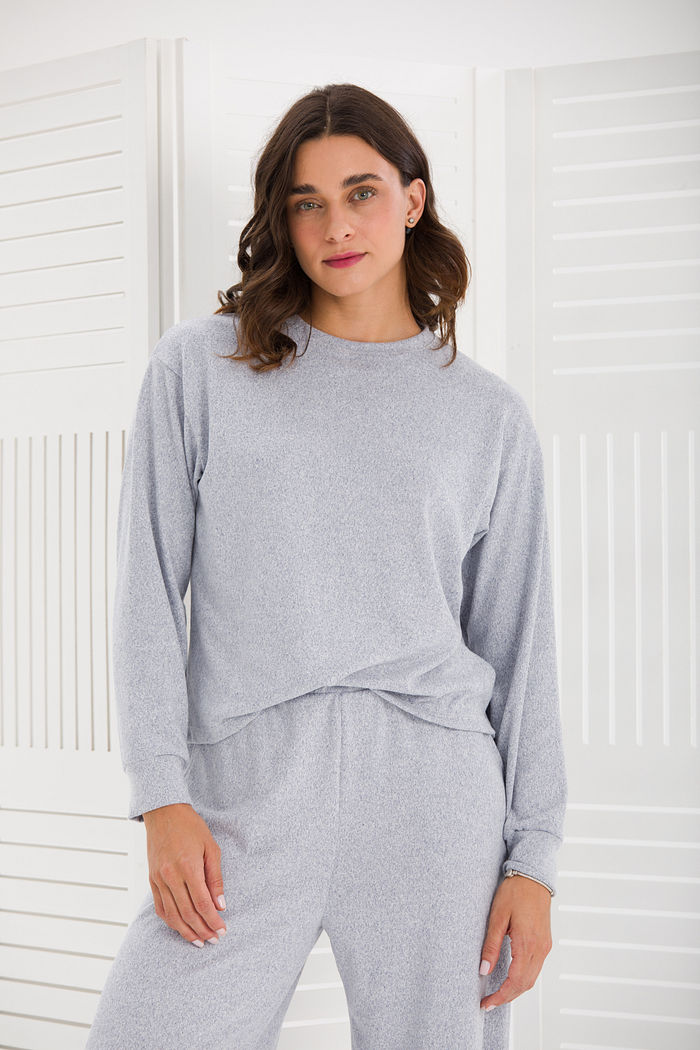 CONJUNTO FEMININO MALHA TRICOT BLUSA AMPLA E CALÇA WIDE AZUL MESCLADO