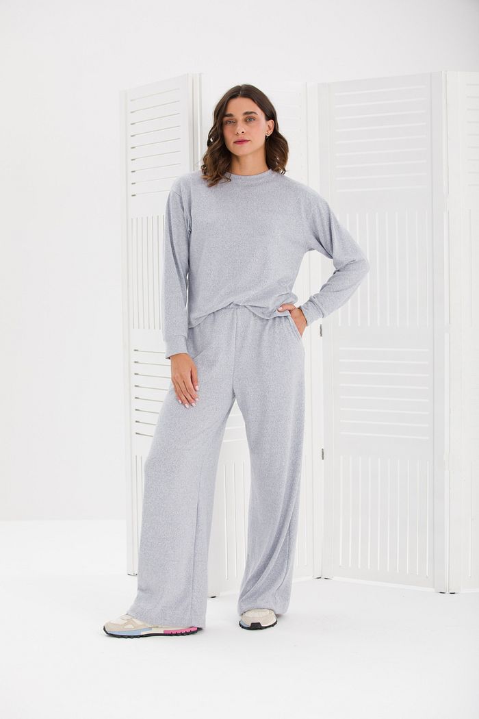 CONJUNTO FEMININO MALHA TRICOT BLUSA AMPLA E CALÇA WIDE AZUL MESCLADO