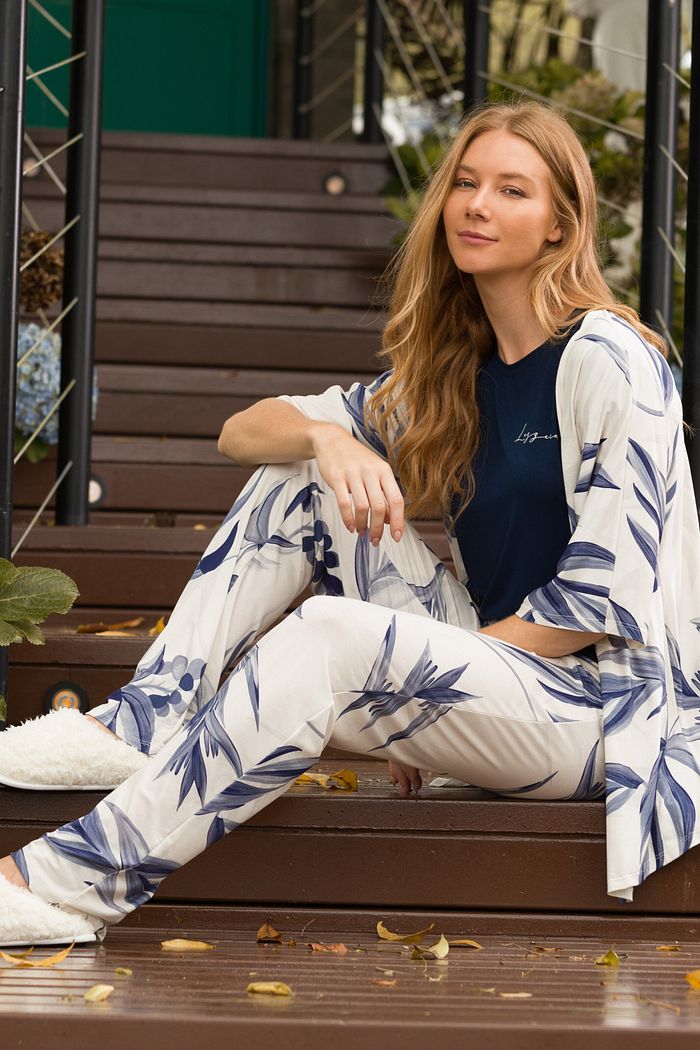 TRIO FEMININO GARDEN (BLUSA MANGA CURTA/KIMONO/CALÇA)