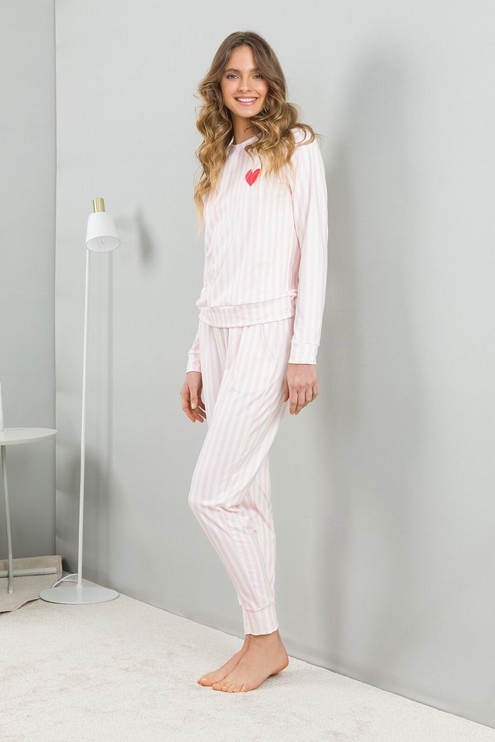 PIJAMA FEMININO MANGA LONGA LISTRA TOQUE DE PÊSSEGO COM PELÚCIA