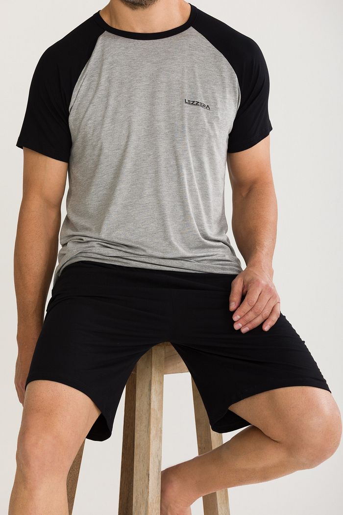 PIJAMA MASCULINO MANGA CURTA RAGLÃ PRETO MESCLA