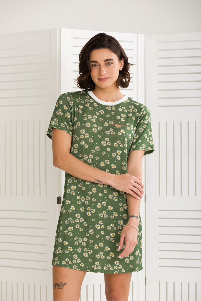 CAMISETÃO FEMININO VERDE MARGARIDAS