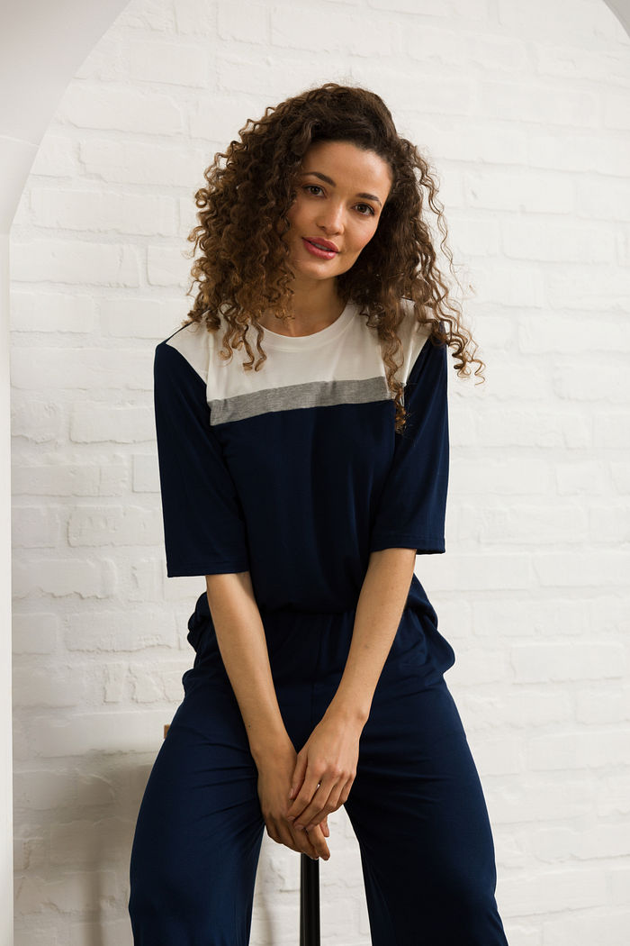 CONJUNTO FEMININO MEIA MANGA E PANTACOURT BASIC MARINHO