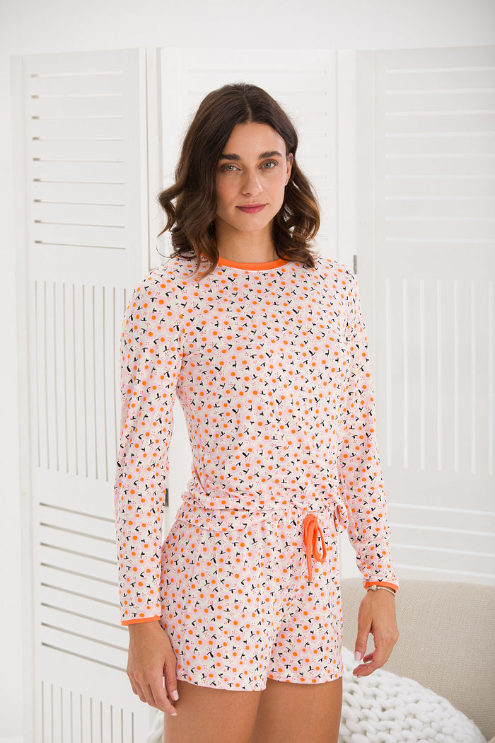 PIJAMA FEMININO MANGA LONGA TOQUE DE PÊSSEGO SHORT DOLL MINI FLORES