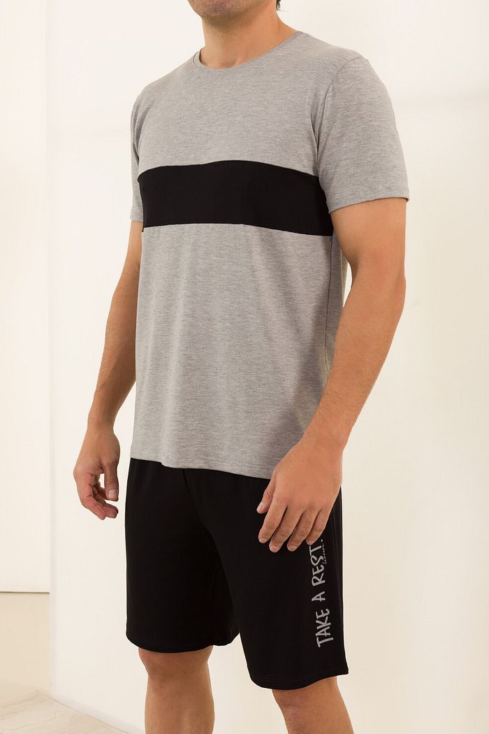 PIJAMA MASCULINO MANGA CURTA MESCLA COM RECORTE FRONTAL