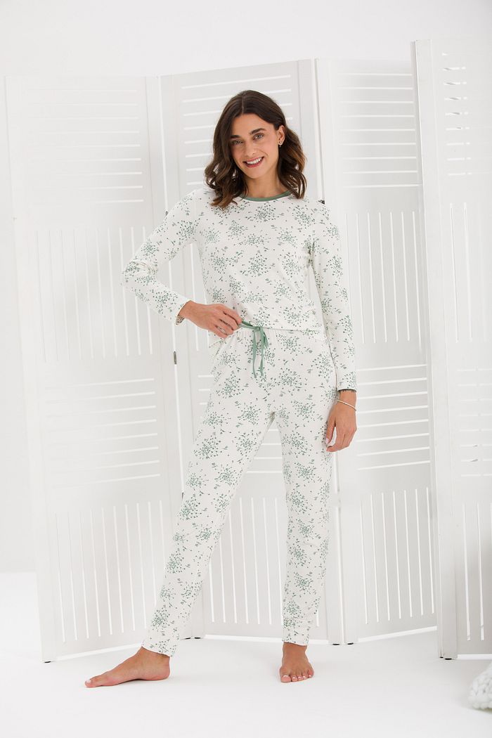 PIJAMA FEMININO MANGA LONGA FLORAL COM PUNHO