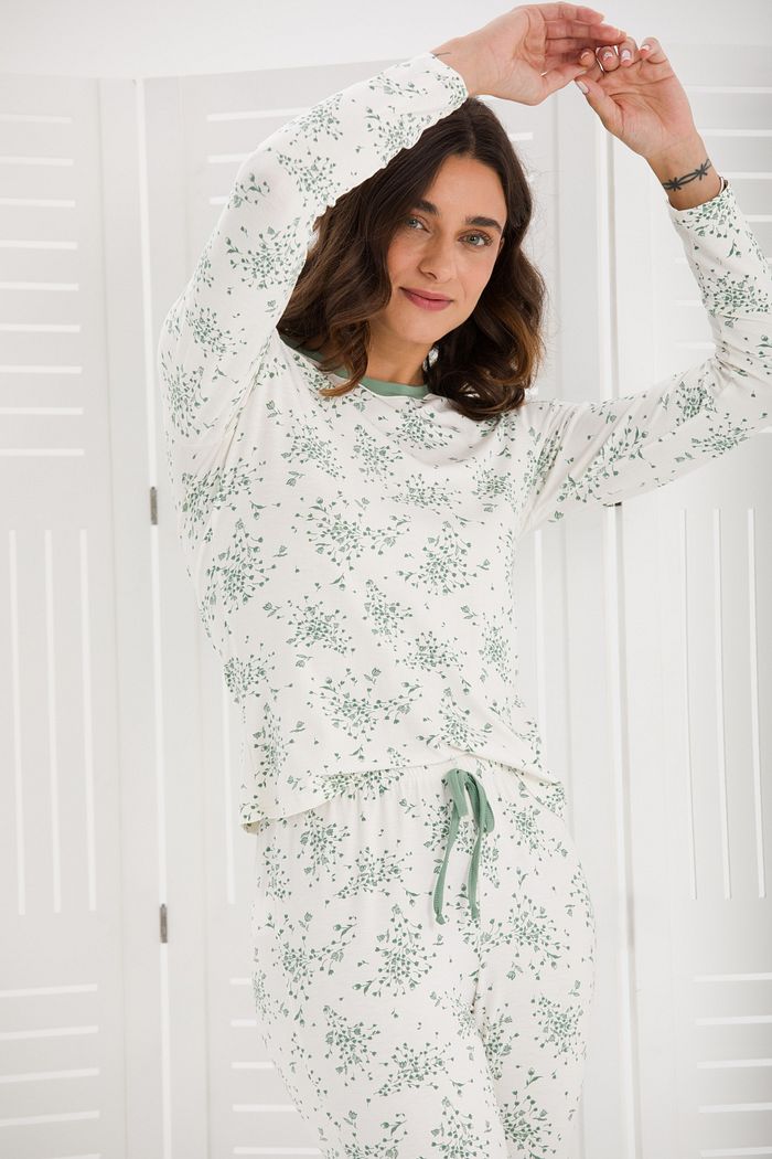 PIJAMA FEMININO MANGA LONGA FLORAL COM PUNHO