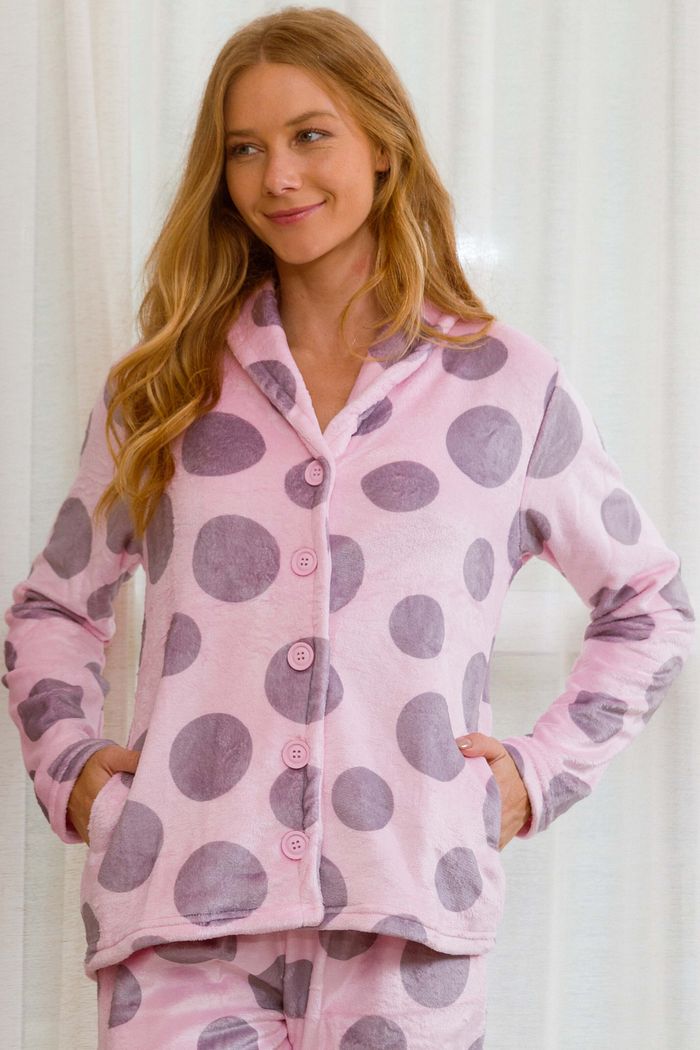 PIJAMA FEMININO INVERNO MANGA LONGA FLEECE ROSA POÁ CINZA ABERTURA FRONTAL