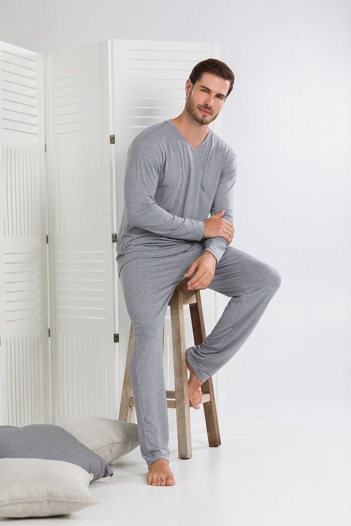 PIJAMA MASCULINO MANGA LONGA BASIC DECOTE V MESCLA