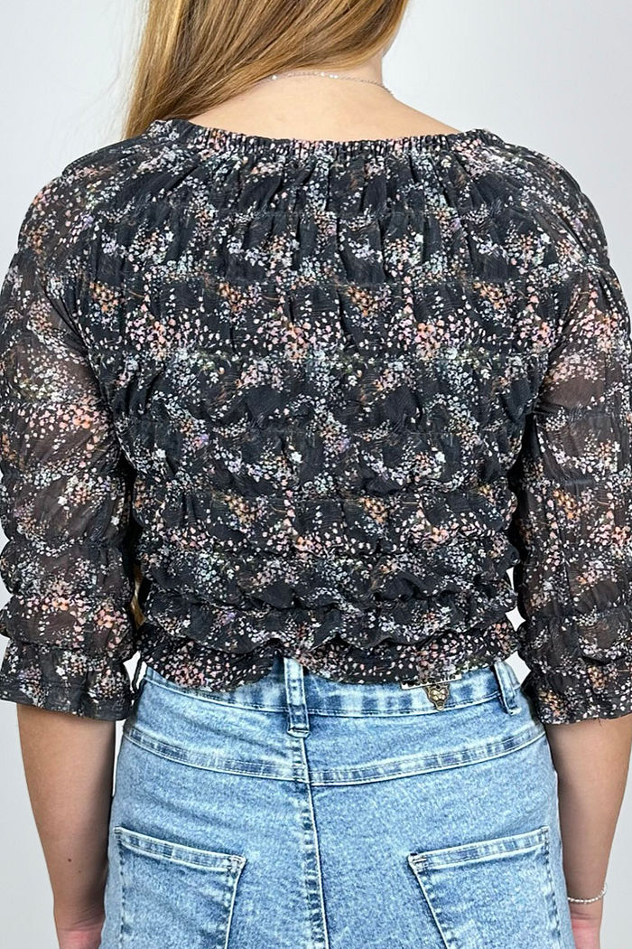 Blusa Tule Boho Brigitte Pretty Girl Floral Preto