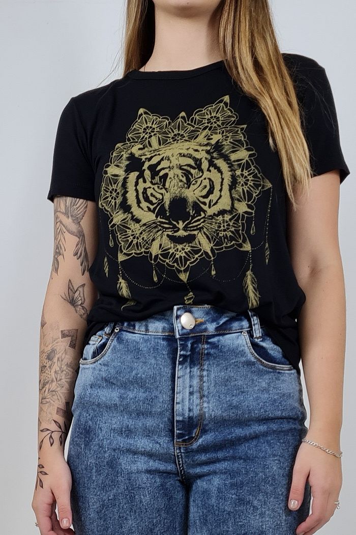 T-shirt Tigre Preta Dourado