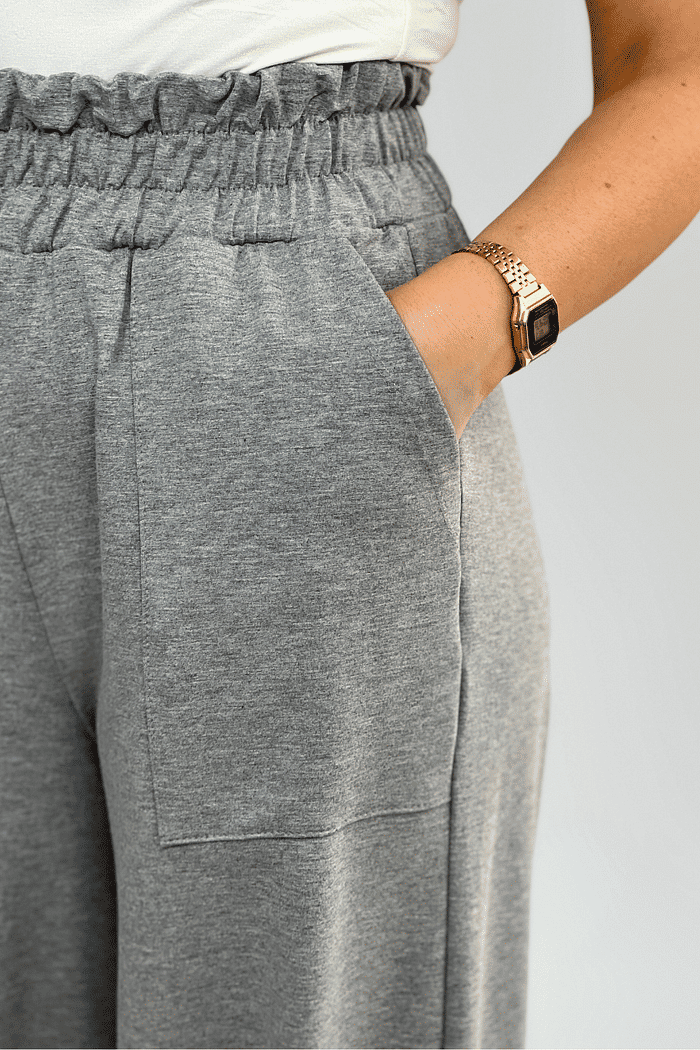 Calça Moletom Wide Leg Feminina Mescla Medio Jana