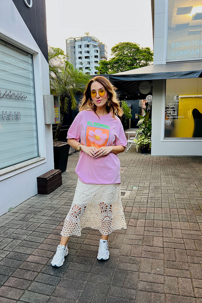 T-Shirt Over Fem Algodão Amaciado Blooming Rosa