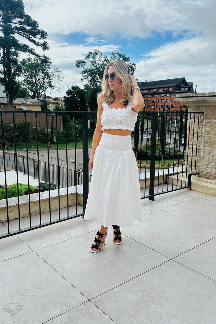 Conjunto Top Franzido e Saia Midi Leslie