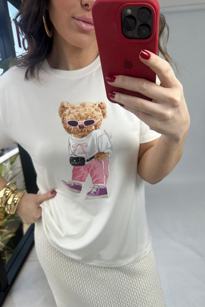 T-Shirt Feminina - Urso Pochete - Off
