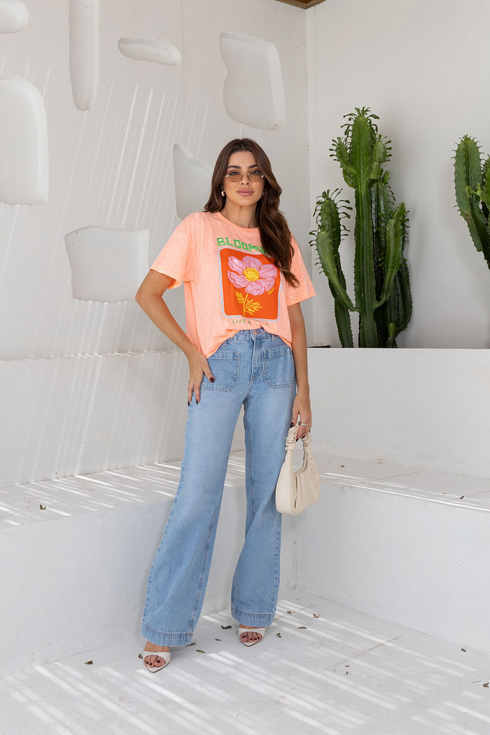 T-Shirt Oversized Feminina Meia Malha Blooming Laranja Neon
