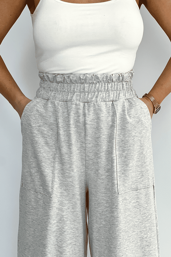 Calça Moletom Wide Leg Feminina Mescla Claro Jana