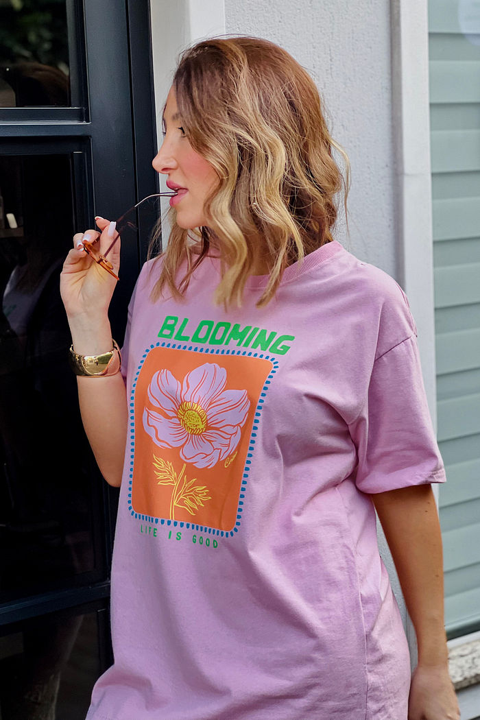 T-Shirt Over Fem Algodão Amaciado Blooming Rosa