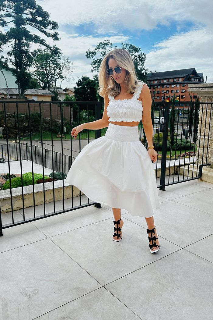 Conjunto Top Franzido e Saia Midi Leslie