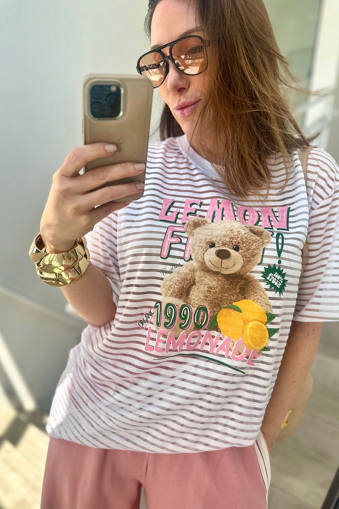 T-Shirt Oversized Listras e Transparência Teddy Limonade