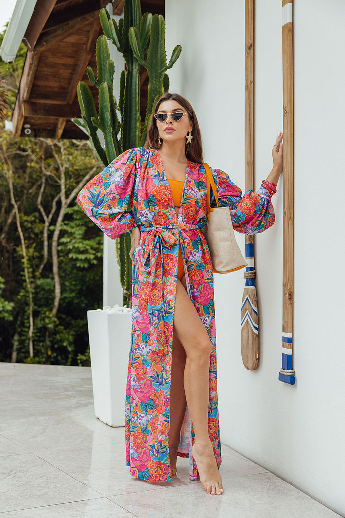 Saída de Praia em Tela Santorini Floral Laranja