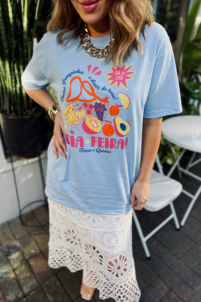 T-Shirt Over Fem Algodão Amaciado Dia Feira Azul