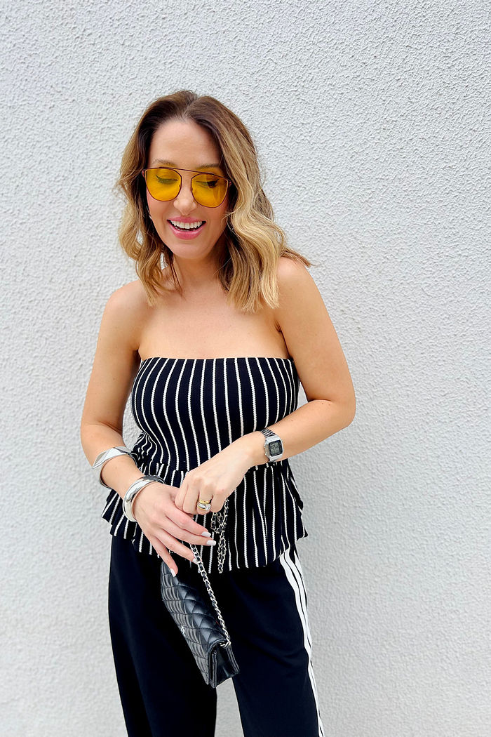 TOP TOMARA QUE CAIA LISTRADO ELEONOR PRETO E BRANCO