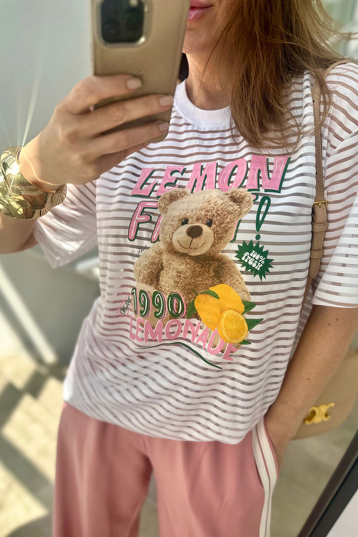 T-Shirt Oversized Listras e Transparência Teddy Limonade