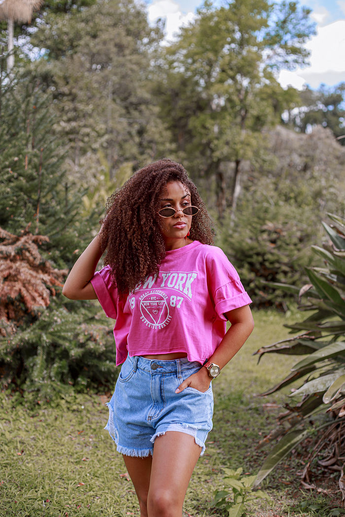 Cropped Oversized Algodão New York 1987 Rosa