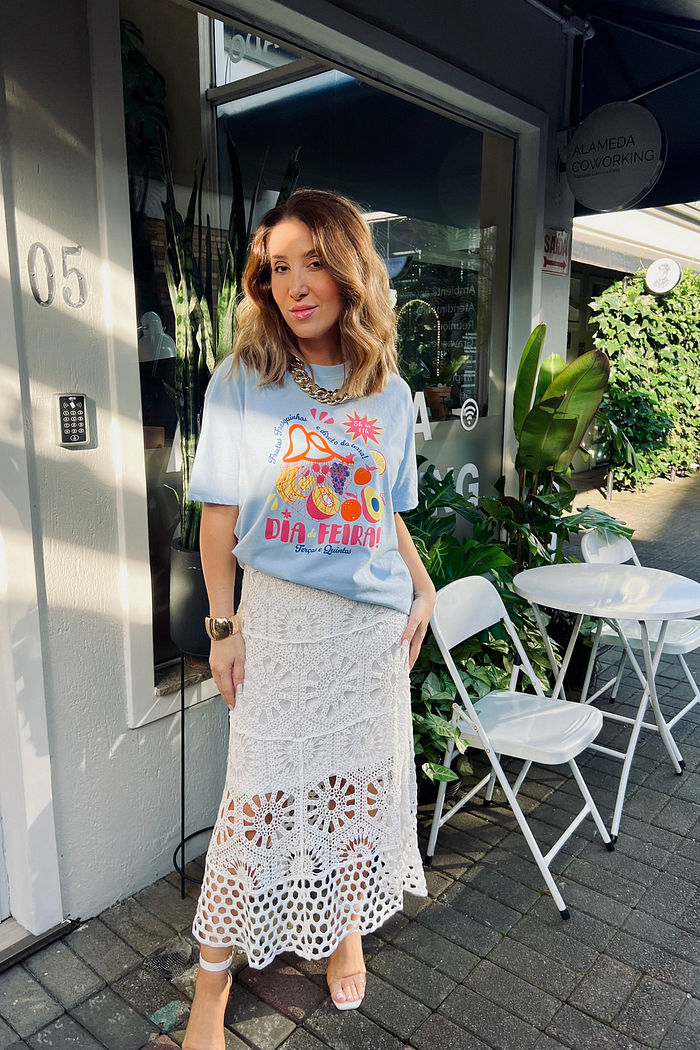 T-Shirt Over Fem Algodão Amaciado Dia Feira Azul