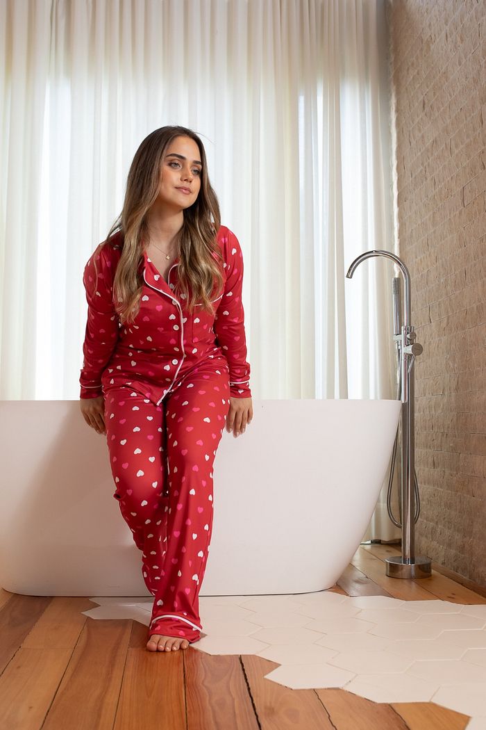 Pijama Americano Toque de Modal Longo de Corações