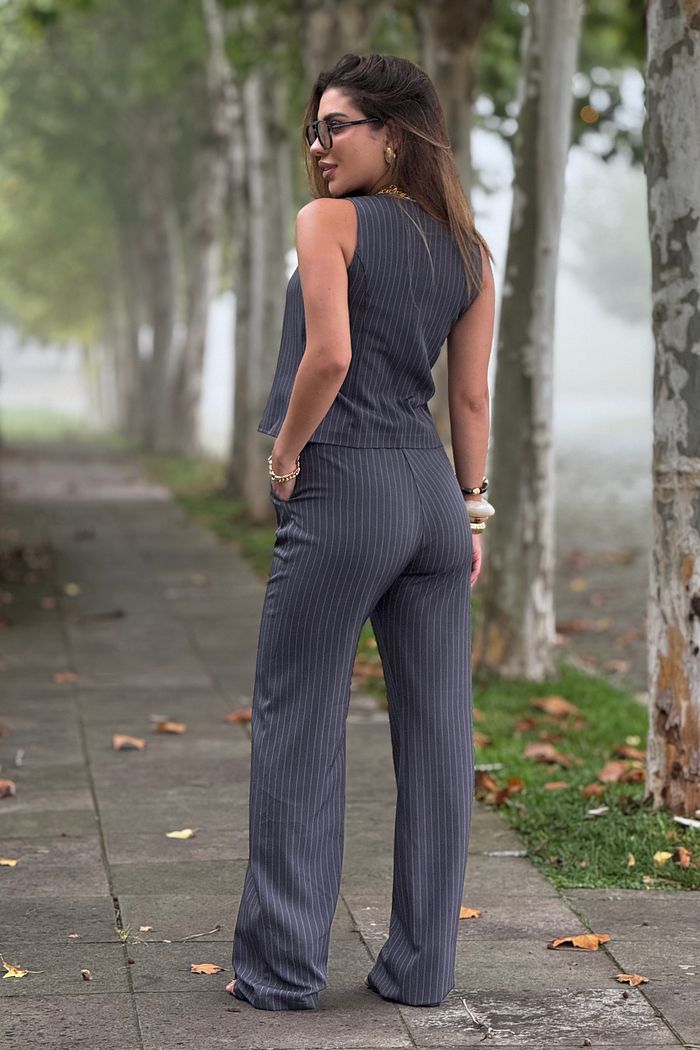 Wide Leg Agnes Risca de Giz Cinza