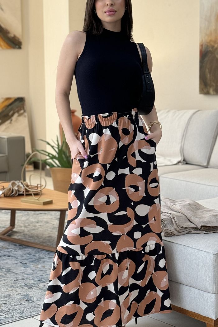Saia Gabi Longa Estampada Preta