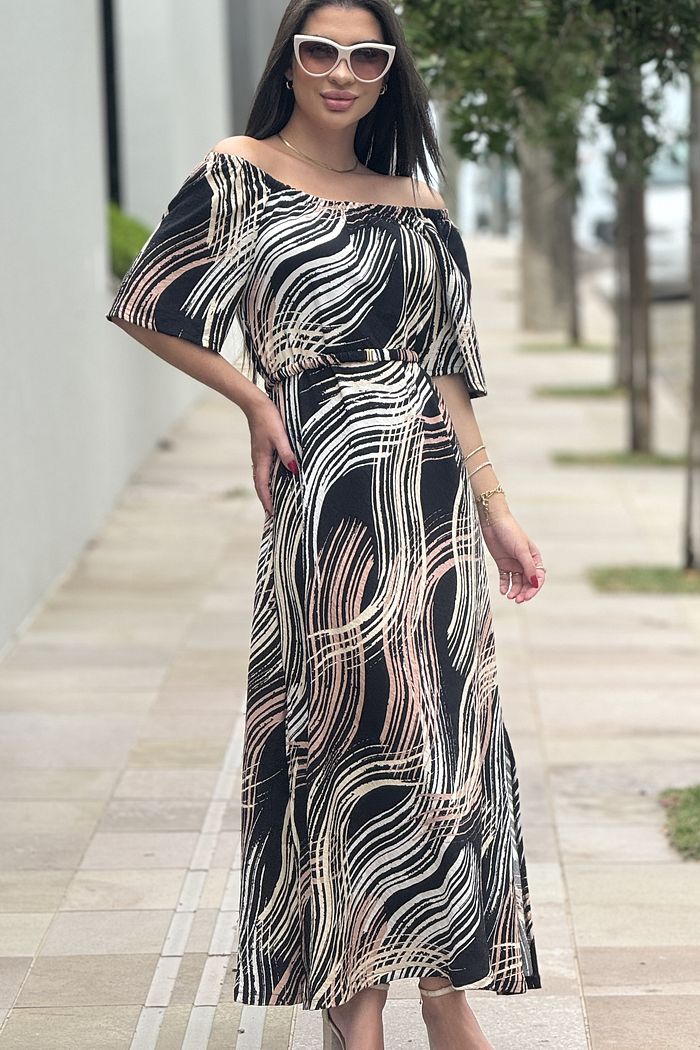Vestido Letícia Ombro-Ombro Estampa Preta