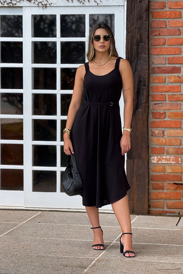 Vestido Linho Estonado Marcela Preto