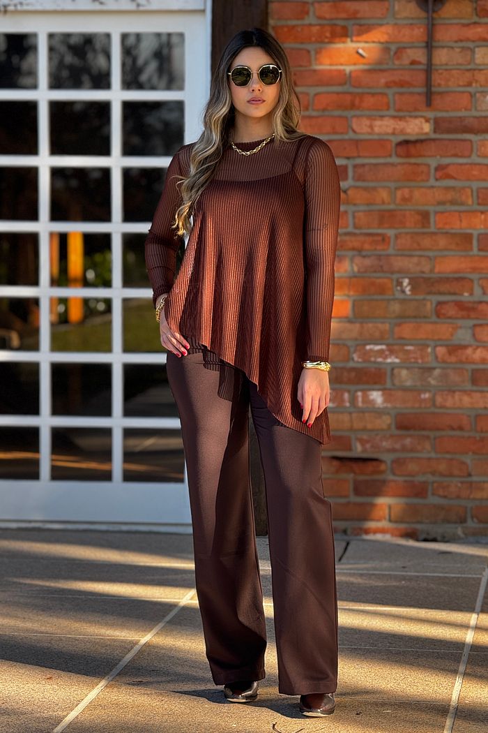 Blusa Tule Assimétrica Nati Marrom