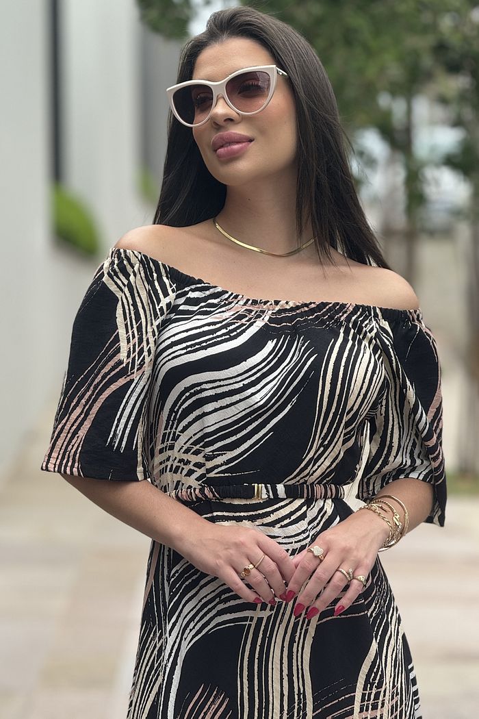 Vestido Letícia Ombro-Ombro Estampa Preta
