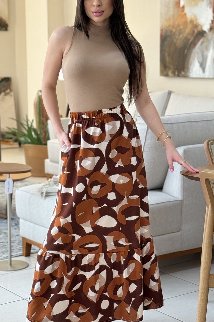 Saia Gabi Longa Estampada Marrom