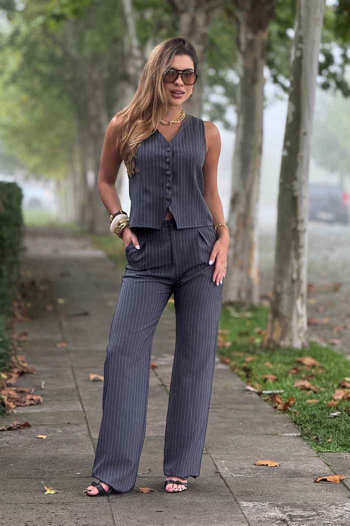 Wide Leg Agnes Risca de Giz Cinza