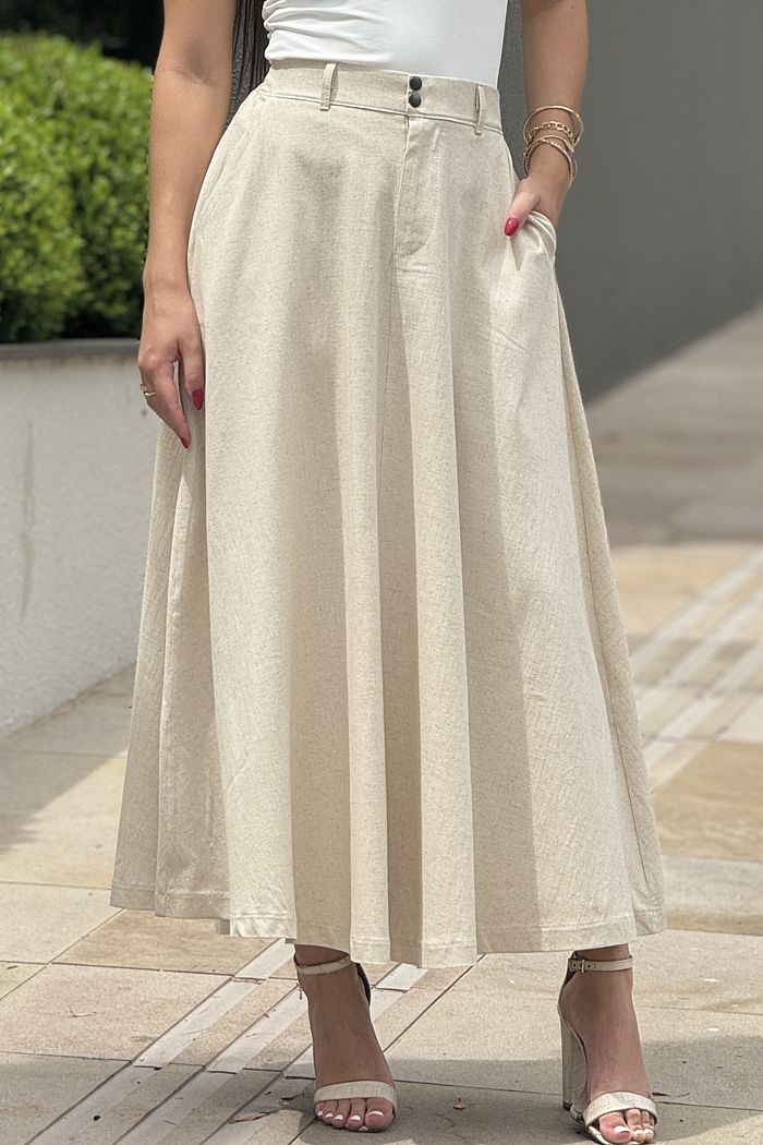 Saia Midi Alfaiataria Linho Andressa Natural