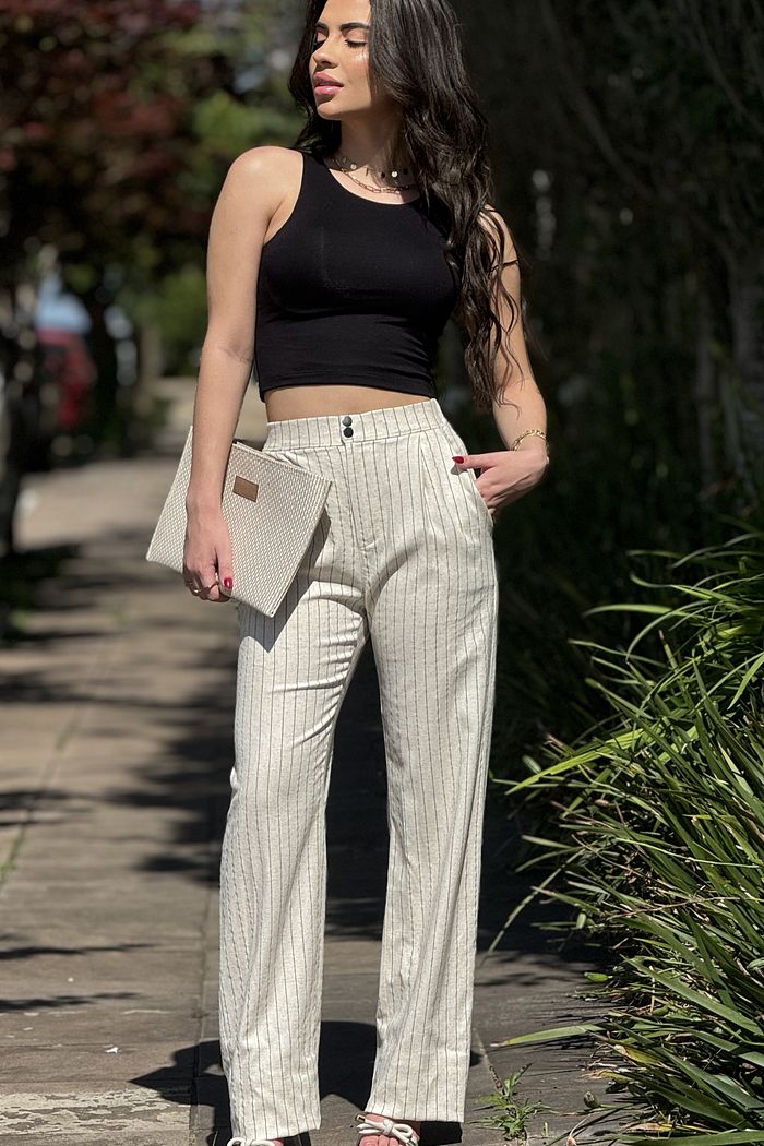 Wide Leg Risca de Giz Linho