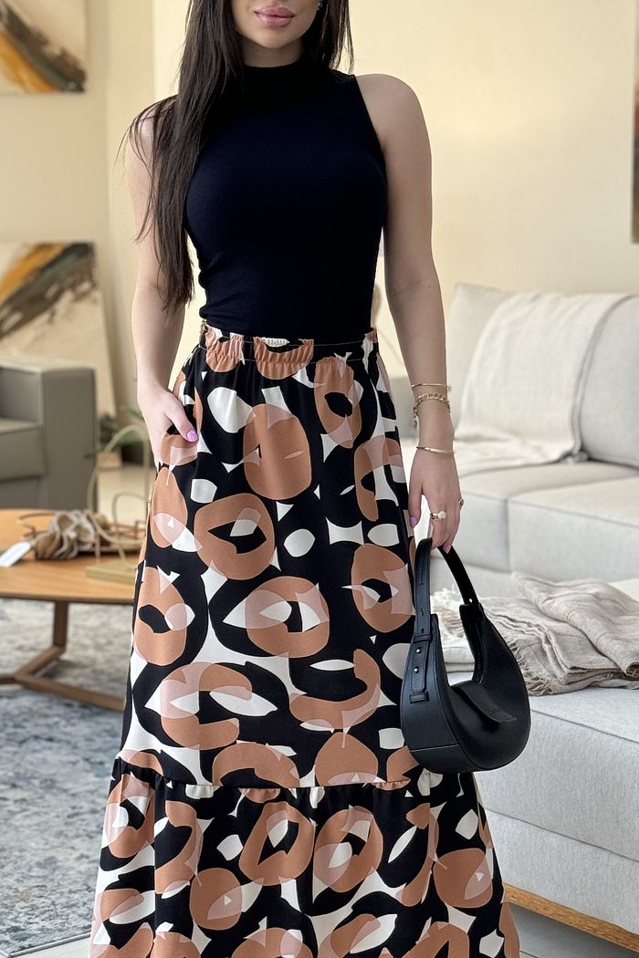 Saia Gabi Longa Estampada Preta