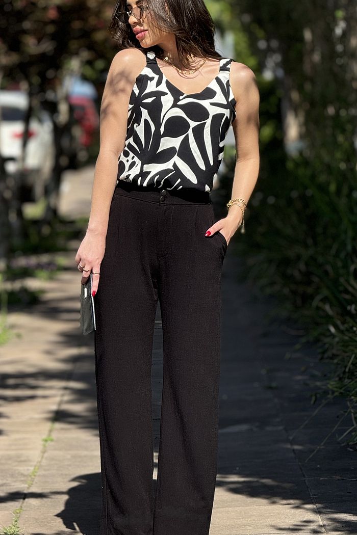 Wide Leg Linho Estonado Preto